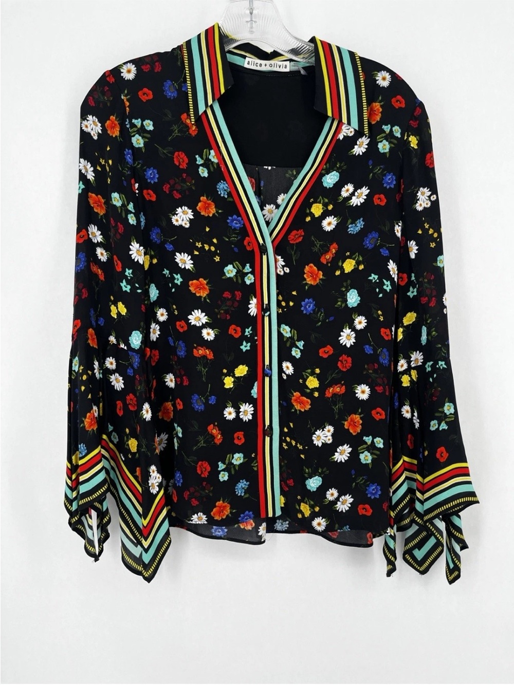 Alice + Olivia Randa Floral Bell Sleeve Blouse Top XS Maximalism Boho Stripes